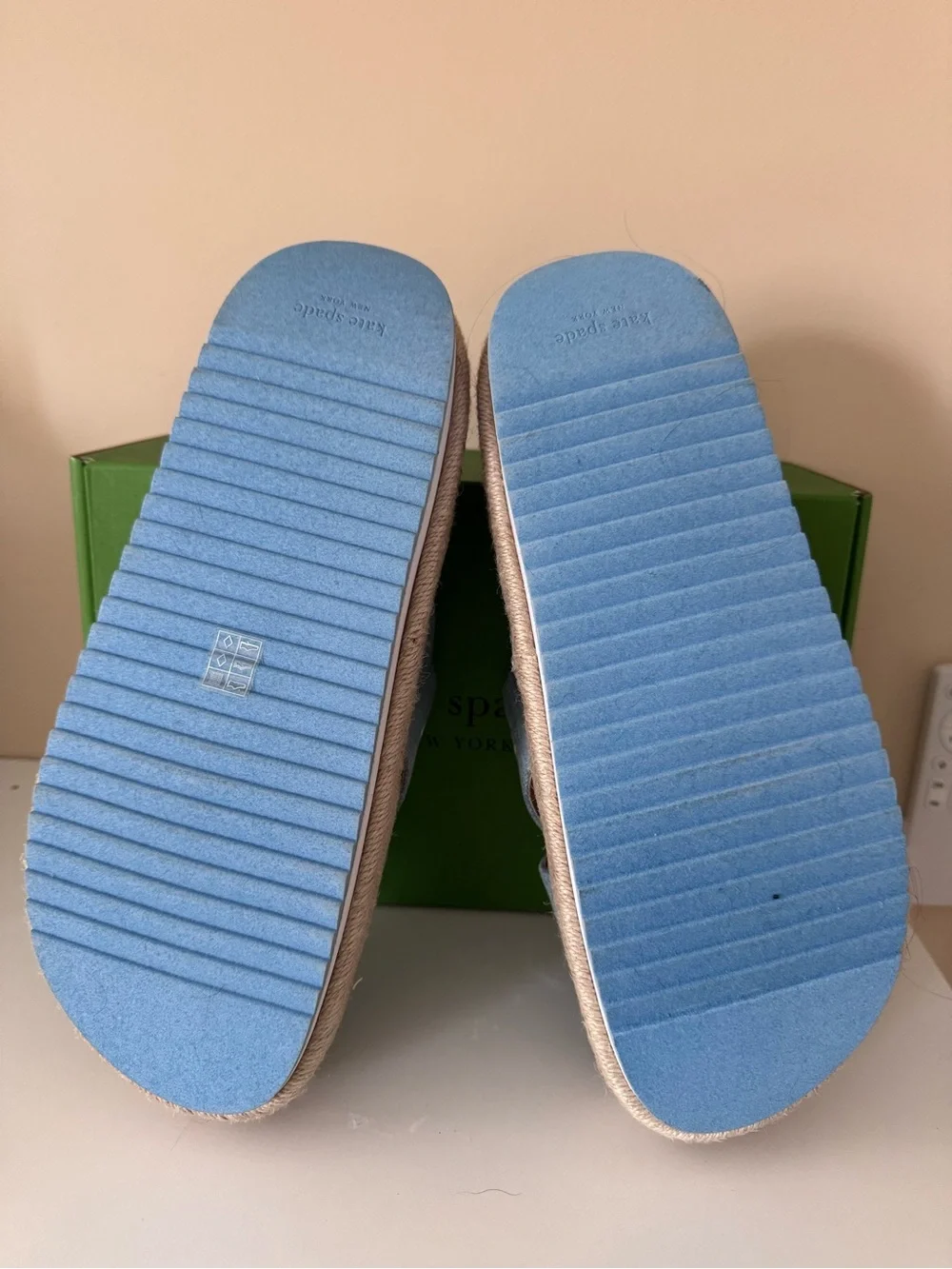 kate spade Denim Blue Cross-Strap Platform Mules with Pink Footbed size 8